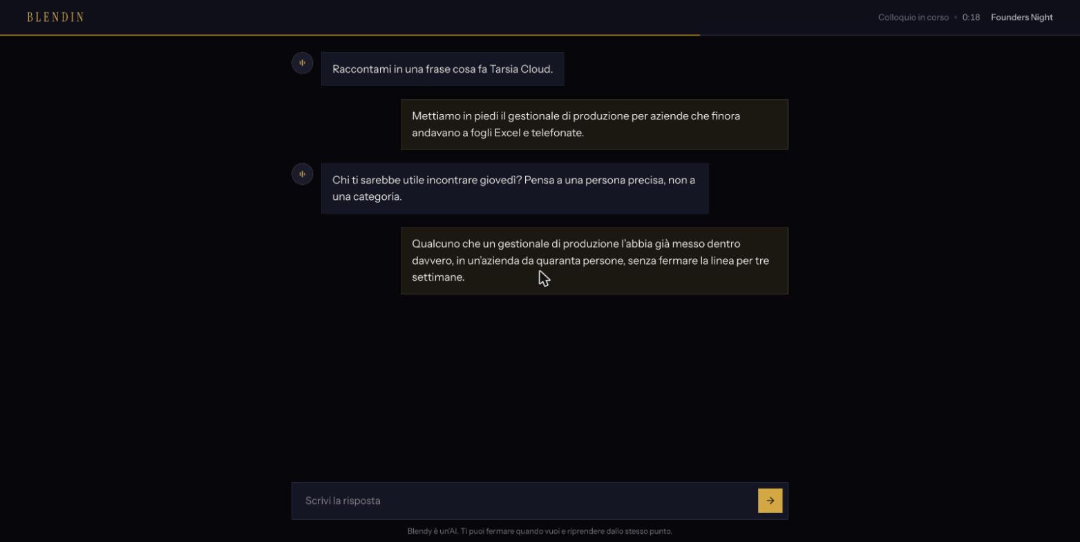 Il colloquio in chat su desktop, con le domande di Blendy e le risposte scritte