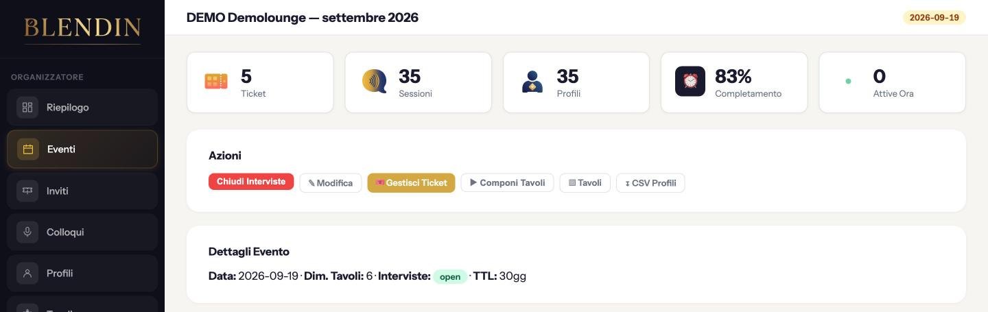 La pagina dell'evento nell'area organizzatore, con biglietti, sessioni, profili e il pulsante per comporre i tavoli